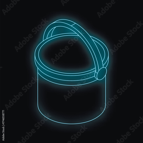 Neon blue isometric bucket glowing on dark background, perfect for construction or diy projects