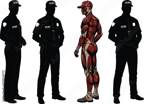 Security personnel standing with anatomical human model, muscles and tendons, physical fitness, uniformed guards, comparison, anatomy, strength, posture, health