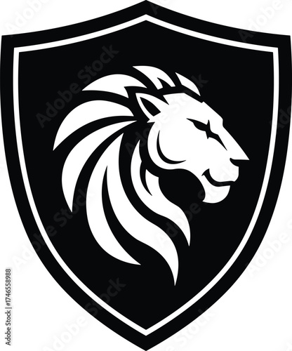 Lion head shield emblem, powerful animal silhouette, courage and strength symbol, heraldic design artwork, noble protection graphic, majestic branding icon