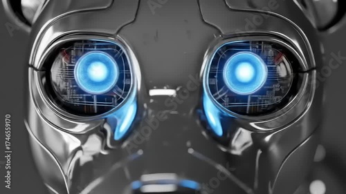 Close up of a futuristic robot face with glowing blue eyes.