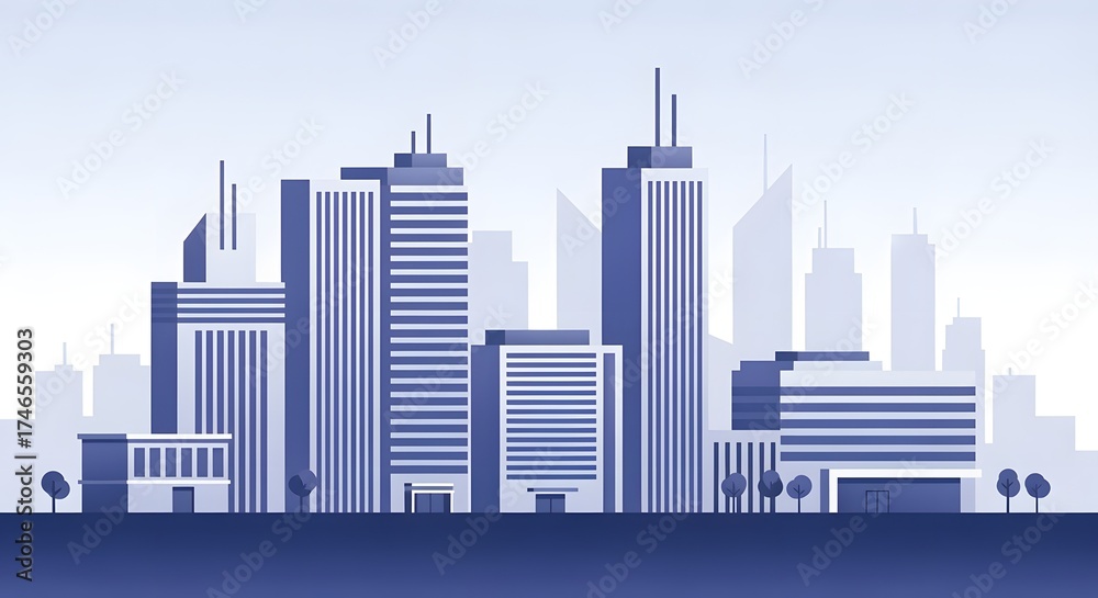 Fototapeta premium Contemporary urban skyline with gradient shades and clean silhouettes, great for business graphics and digital backgrounds.