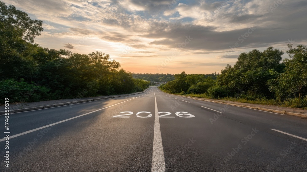 Fototapeta premium An open road stretches into the distance under a partly cloudy dawn or dusk sky,