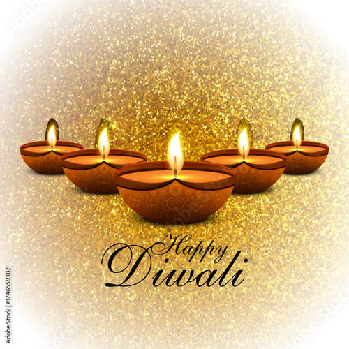 Happy Diwali Festival Greeting Background with Five Glowing Diyas, Sparkling Golden Glitter Texture, Warm Festive Light, and Elegant Indian Celebration Design for Greeting Card or Poster