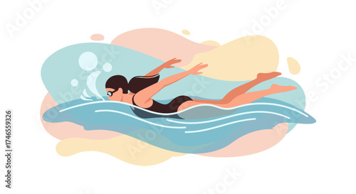 An illustration of a woman swimming freestyle in a pool, showcasing fitness and healthy lifestyle with a dynamic design.