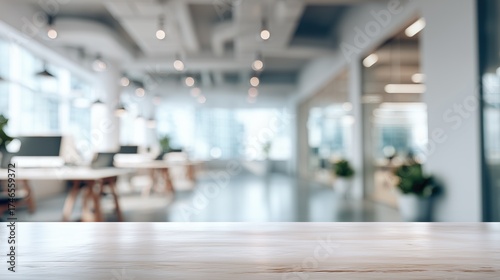 Office desk surface with blurred modern workplace background – business workspace concept