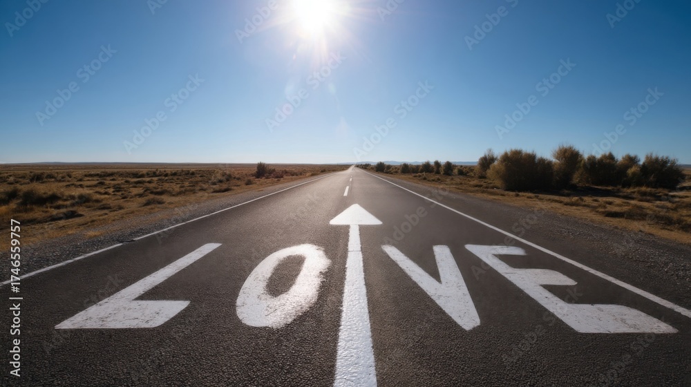 Fototapeta premium A four-lane highway extends through a vast desert under a bright blue sky,