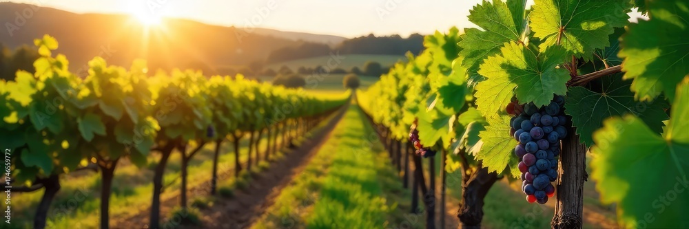 Fototapeta premium Sun-drenched rows of grapevines stretch across a picturesque vineyard, ready for harvest Lush green leaves and plump grapes showcase the beauty of wine country , sun, rows, scenic