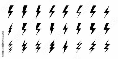 Collection of black lightning bolt icons on a white background representing energy and power