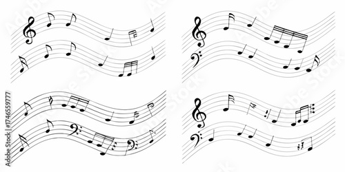 Abstract musical notes and staves in a flowing wavy pattern on a white background