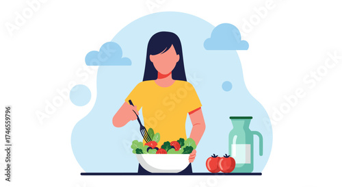 A woman is seen preparing a fresh and healthy salad with vegetables in a bowl, promoting a balanced diet and wellness.