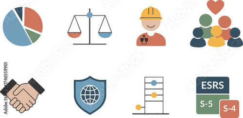 social impact icons vector – gender diversity, pay equity, health safety, inclusive team – ESRS S1 S2 S3 S4 ESG reporting set