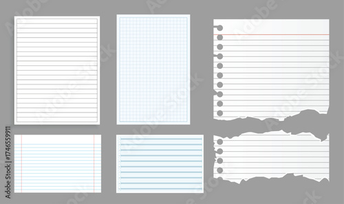 Lines paper page isolated, dots and cells notebook pattern, technical blank, grid banner set, square graph project texture, mockup template copybook, school checkered sheet backdrop - stock vector