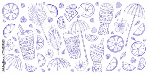 Purple watercolor illustration of summer drinks citrus slices tropical leaves and beach umbrellas on a white background
