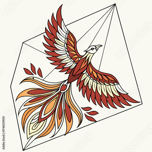 Geometric phoenix kite with vibrant plumage