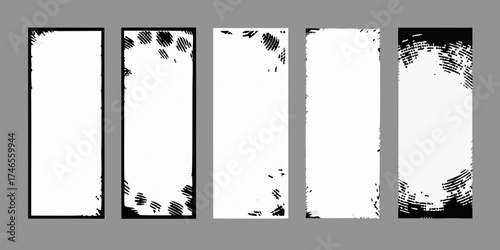 Set of five vertical abstract grunge borders with distressed textures and distressed edges