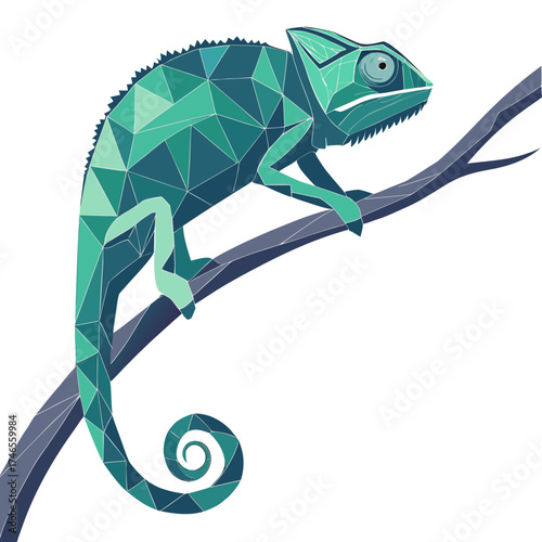 Geometric chameleon perched on a branch design