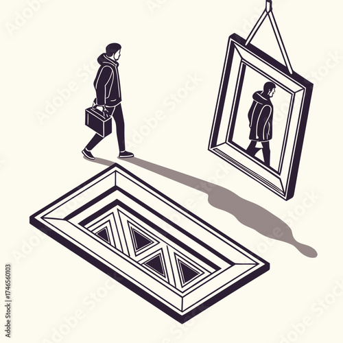 A man walking towards a portal with a reflection in a hanging frame