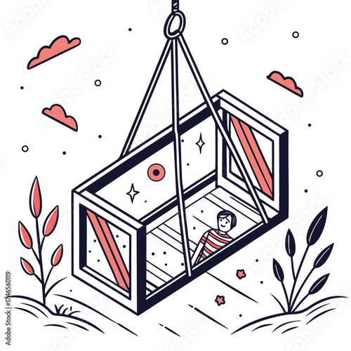 A person inside a suspended box with clouds