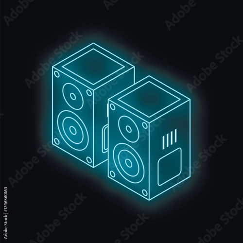Pair of isometric speakers glowing with neon light on dark background, representing music, sound, and audio technology