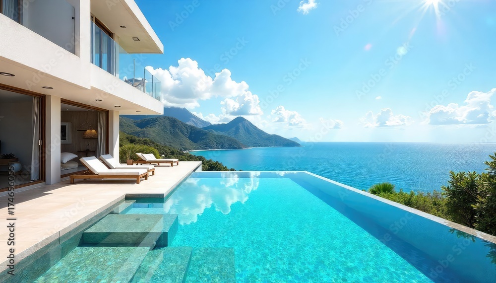 Fototapeta premium Sun-drenched villa with infinity pool overlooking a breathtaking ocean vista; epitome of luxurious, carefree living , tropical, palm trees