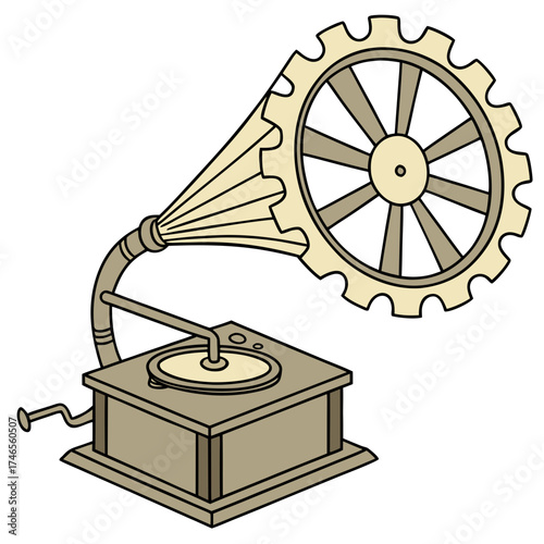 Vintage gramophone with gear, a steampunk design
