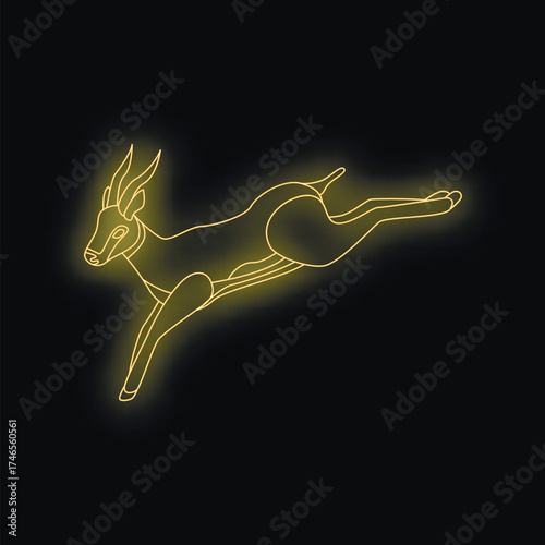 Stylized gazelle jumping, depicted with glowing neon yellow lines on a dark background, creating a vibrant and artistic representation of wildlife