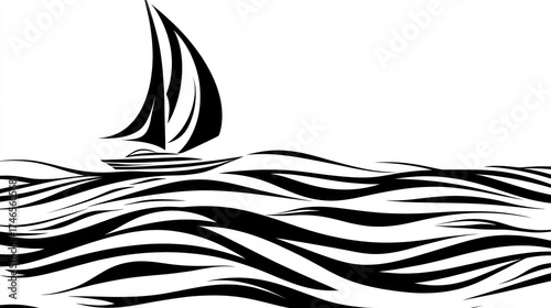 Simple black and white sailboat on stylized waves
