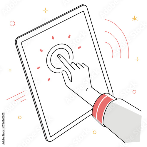 Hand touching a tablet screen to interact with it