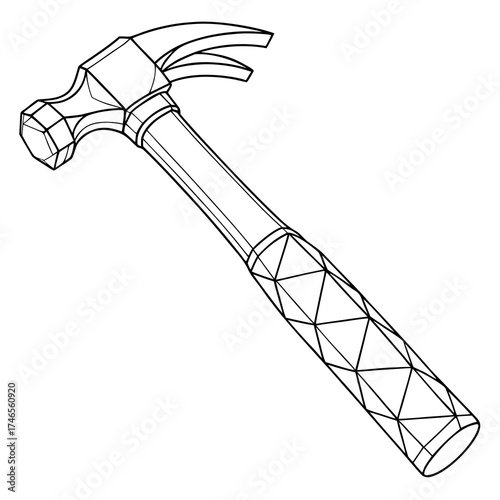 Detailed line drawing of a hammer tool with a textured handle