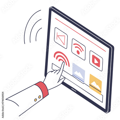 Hand interacting with a tablet displaying various icons