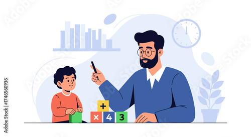A teacher points to mathematical blocks while assisting a young student with his education, fostering learning in a classroom setting.