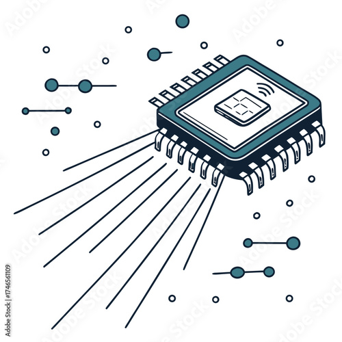 Microchip with radiating lines representing technology