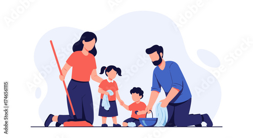 A family gathers together to clean their home, sharing responsibilities and working together to maintain a tidy and organized living space.