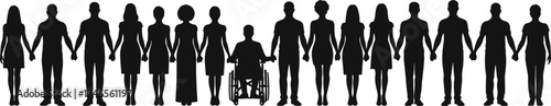 Diversity, unity, inclusion, people holding hands, wheelchair representation, community support, silhouette row, equality, multicultural group, accessible design, vector illustration, harmony