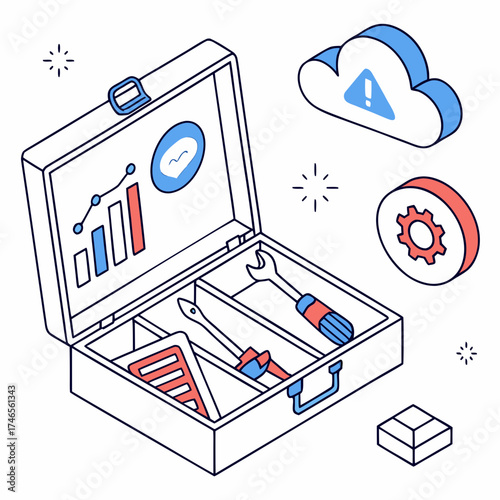 Isometric toolbox with tools and cloud computing elements