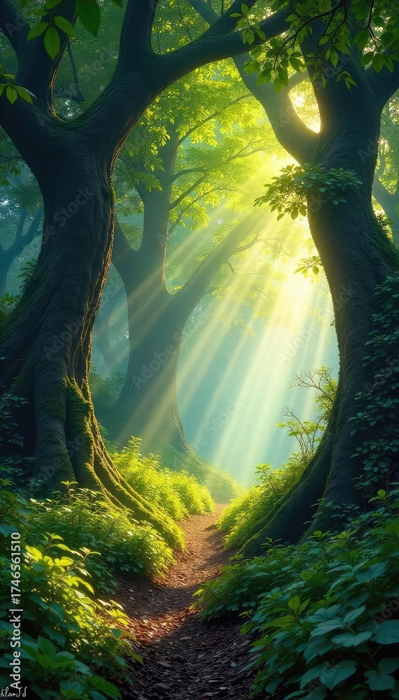 Naklejka premium Sunlight dappling through the ancient trees of a lush, vibrant forest, creating a magical atmosphere Perfect for nature, fantasy, and environmental themes , rural, plants, woods
