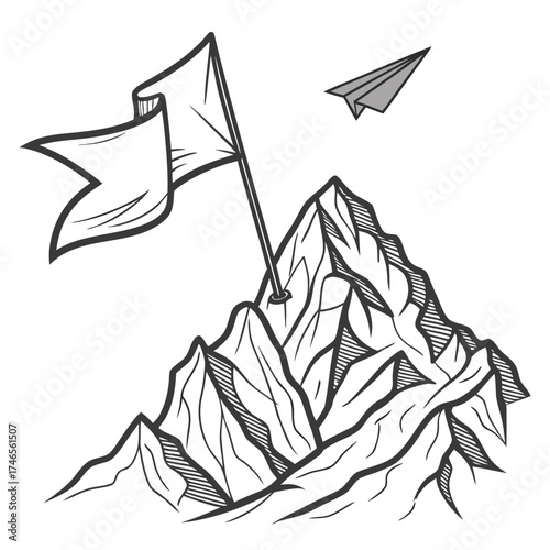 Illustration of a mountain peak with a flag and a paper airplane