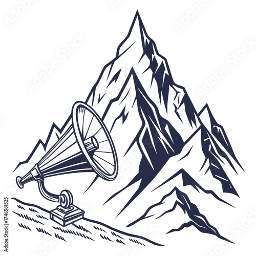 Illustration of a mountain peak with a gramophone