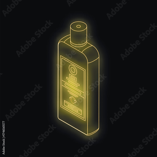 Golden neon cosmetic bottle glowing on black background, representing beauty products, skincare, and nighttime routines