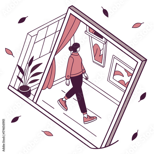 Woman walking through a framed doorway with falling leaves