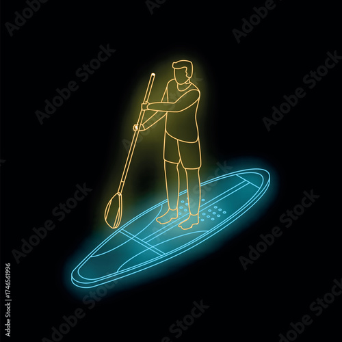 Neon isometric illustration of a man practicing stand up paddleboarding