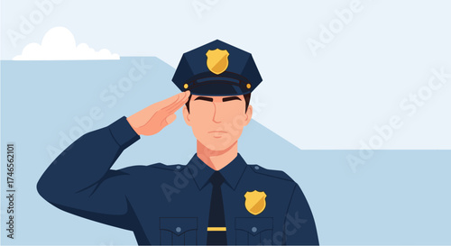 A uniformed police officer salutes with respect, demonstrating honor and duty while standing in front of a serene, light blue background.