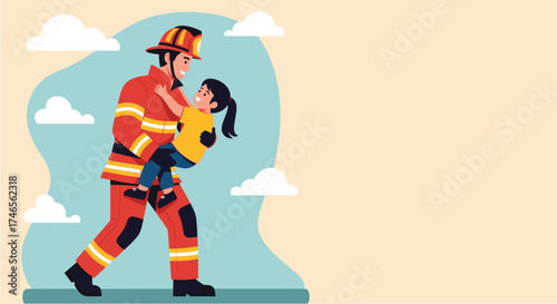 A brave firefighter carries a rescued child, symbolizing safety and courage, set against a soft background with copy space.