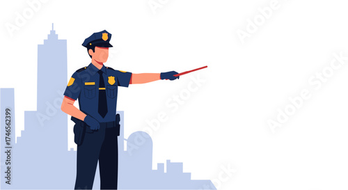 A police officer in uniform directs traffic with a baton in front of a city skyline, ensuring order and safety for all citizens.