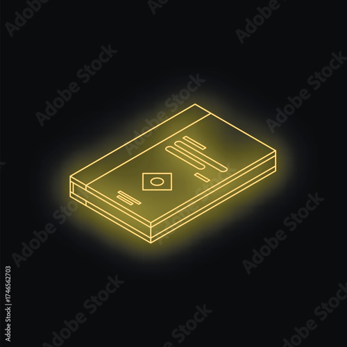 Neon yellow glowing video cassette tape, viewed in isometric perspective, evokes nostalgia for retro technology and home entertainment