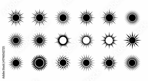Set of Black Sun Icons, Starburst and Solar Symbols Collection