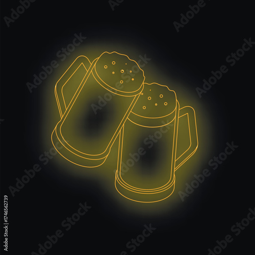 Two foamy beer mugs making a toast, in yellow neon light, dark background