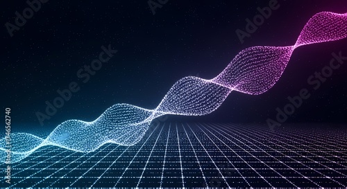Abstract glowing wave of particles on a grid floor, digital light art, dark background