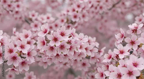 Close-up of Delicate Pink Cherry Blossoms on Tree Branches in Spring