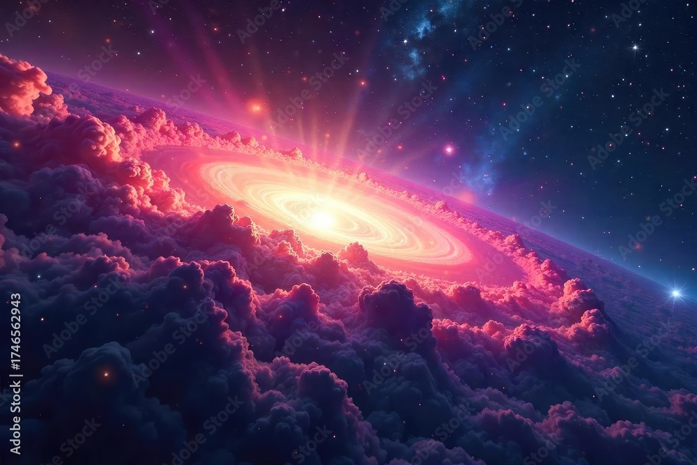 Fototapeta premium Vast, swirling nebulae mark the edge of known space, a cosmic frontier beyond which lies the unknown A breathtaking view of the universe's boundary, full of mystery and wonder , deep space, mystery